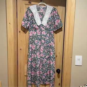 Neon Rose Pink Floral Collar Midi Dress